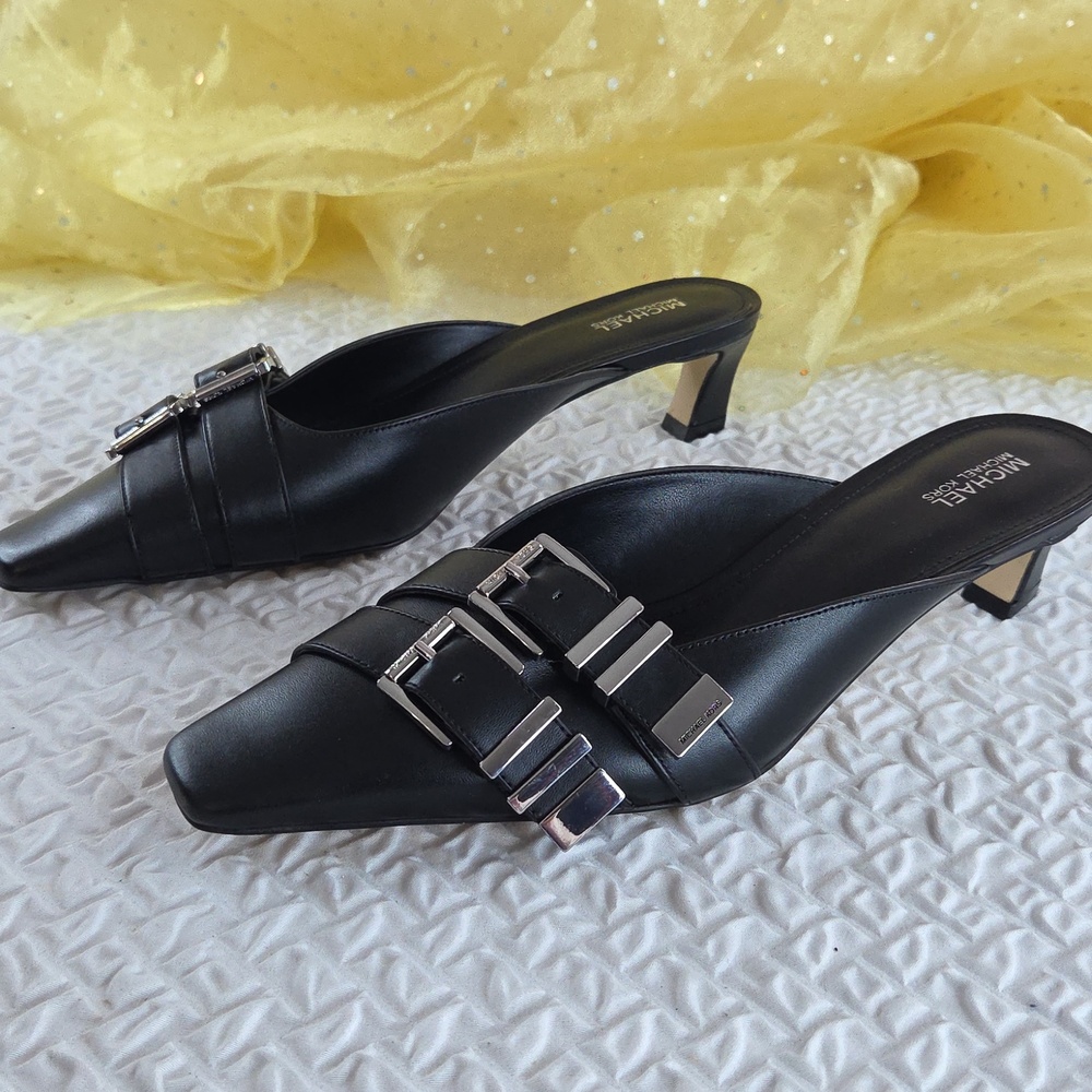 Michael Michael Kors Black Leather Buckle Mule KITTEN Heels 8.5M